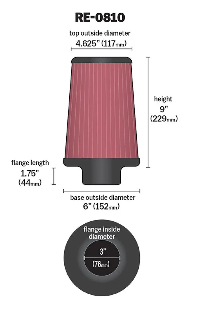 K&N Universal Rubber Filter 3Inch Flg / 6Inch Od-B / 4-5/8Inch Od-T / 9Inch L 1