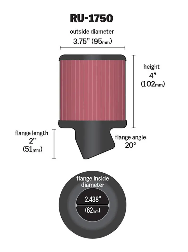 K&N Filter Universal Rubber Round Straight Filter 20 Deg Angled 2-7/16In Flange 3-3/4In Od 4In H 2