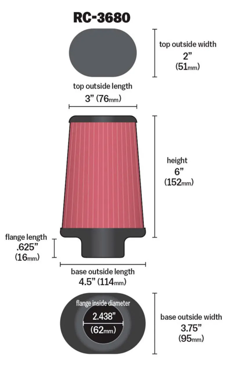 K&N Universal Clamp-On Air Filter 2-7/16In Flange 4-1/2X3-3/4In Base 3X2in Top 6In Height 1