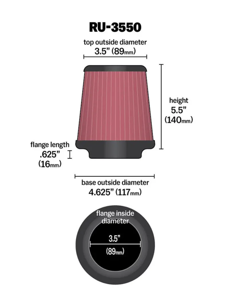 K&N Universal Rubber Filter 3 1/2 Inch Flg / 4 5/8 Inch Base / 3-1/2 Inch Top / 5 1/2 Inch Height 1