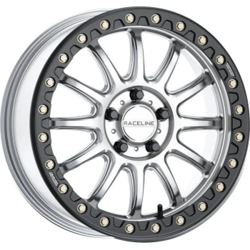 Raceline A14sb Alpha 15X7in/4X156 Bp/10Mm Offset/132.5Mm Bore - Silver & Blk Ring Beadlock Wheel 1