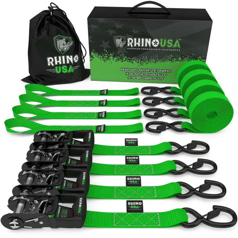 Rhino Usa Heavy Duty Ratchet Tie-Down 4-Pack (Green) 1.6In X 8Ft 1