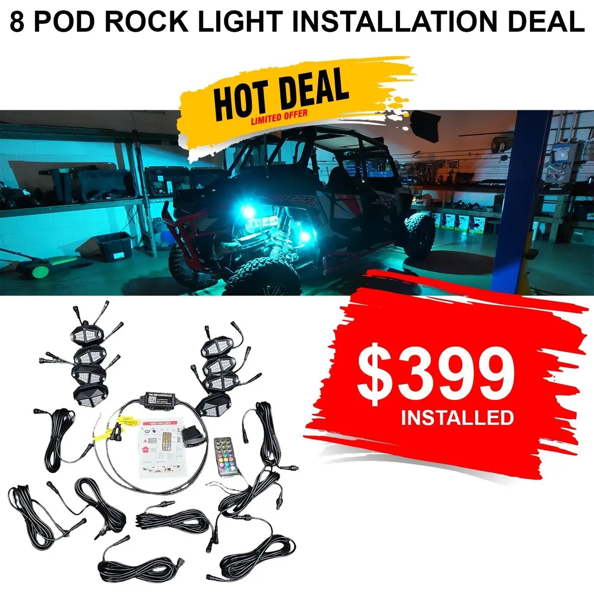 Install Utv 8-Pod Rock Light Kit (Bluetooth App Controls) 1