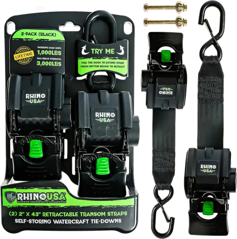 Rhino Usa Retractable Transom Straps (2 Pack-Black) 1