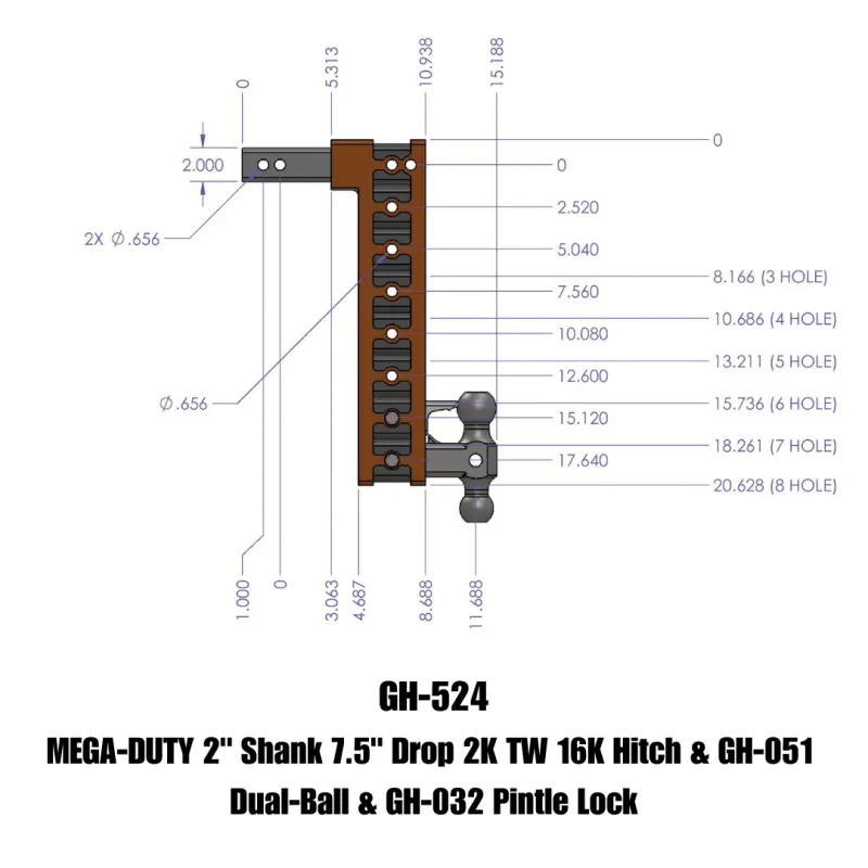 Gen-Y Mega Duty 2In Shank 7.5In Drop 2K Tw 16K Hitch W/Gh-051 Dual-Ball/Gh-032 Pintle Lock 1