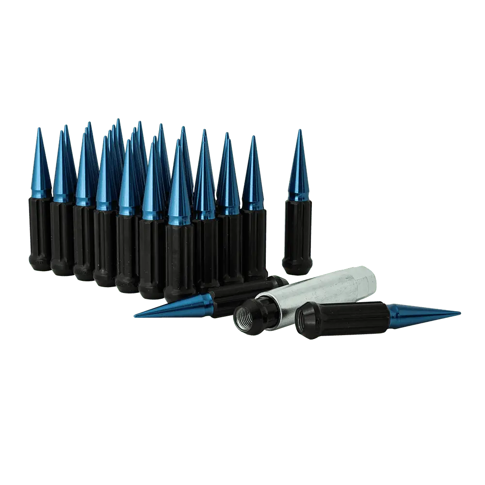Small Diameter Spline Spike Lug Nuts - 13/16" & 7/8" Dual Hex Key - 14Mm X 1.50 Thread Size - Blue Finish - Set Of 32 1
