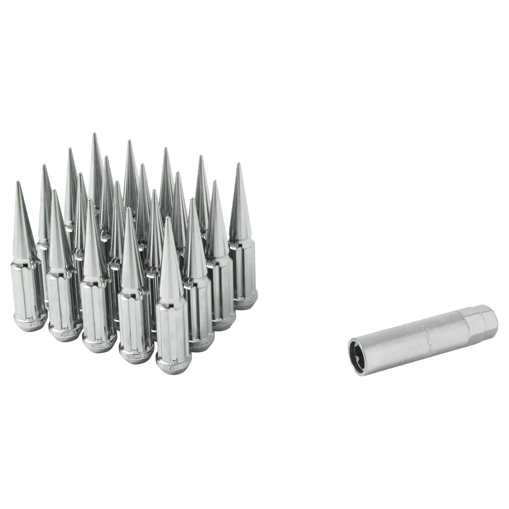 Small Diameter Spline Spike Lug Nuts - 13/16" & 7/8" Dual Hex Key - 14Mm X 2.00 Thread Size - Chrome Finish - Set Of 32 1